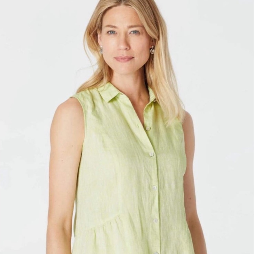 J JILL LOVE LINEN Sleeveless Top Peplum Back Tunic Button Front W/ Collar LARGE